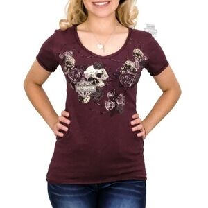 Harley Davidson|‎ V Neck Skull print tshirt